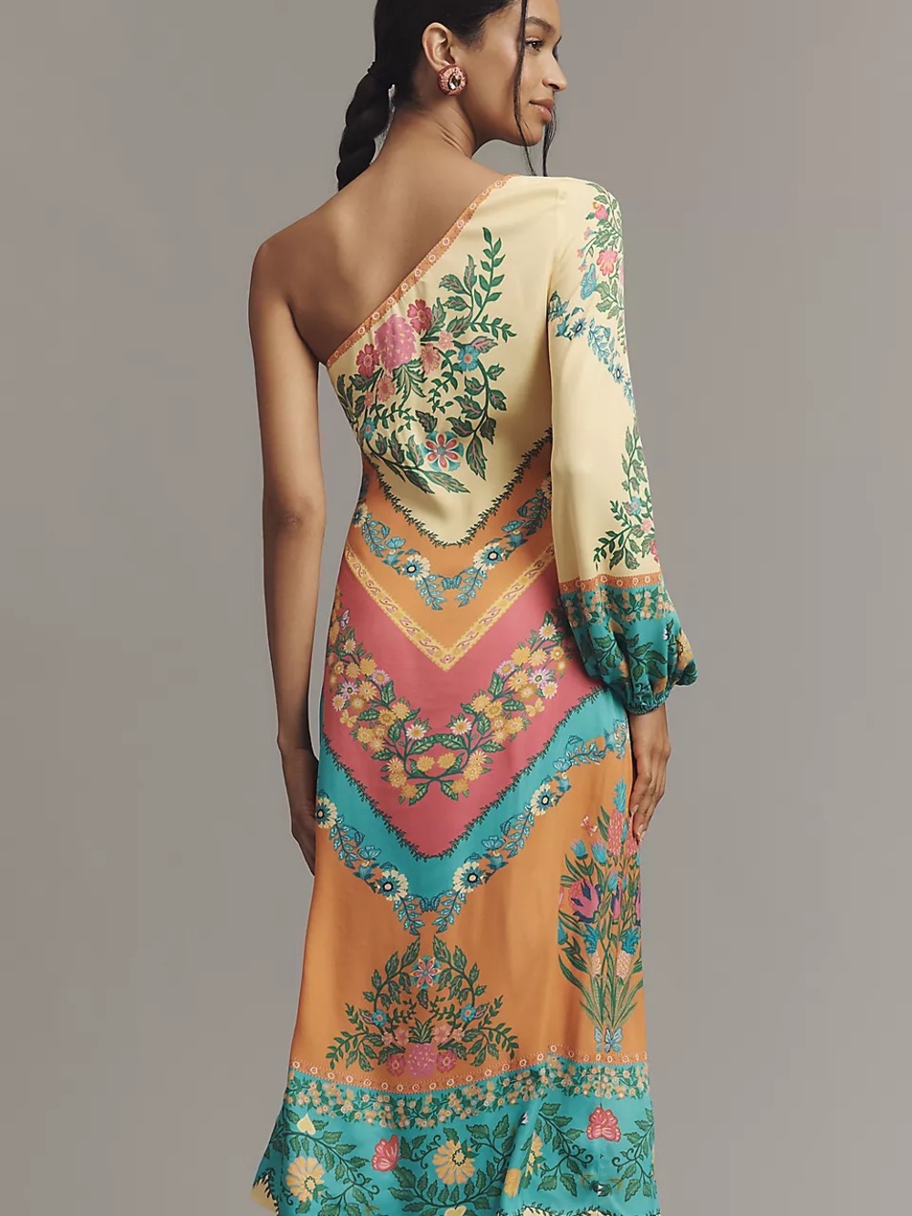 FARM Rio One-Shoulder Floral Midi Dress in Yellow, Orange, Teal and Pink - Picture 3 of 3